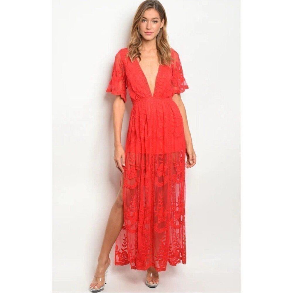 NEW Anthropologie Red Romantic Fairy Boho Coquette Soft Girl Dainty Lace Dress - Picture 2 of 10